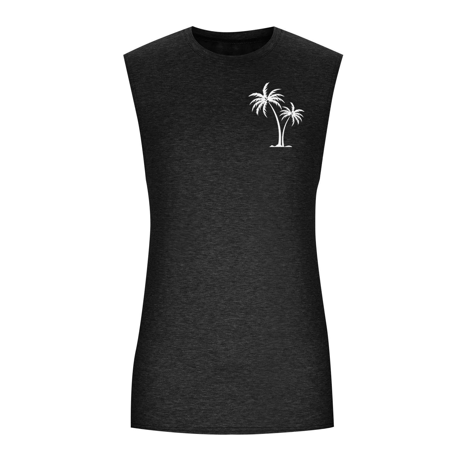 2025 Men'S Muscle Fitness Shirt Sports T-Shirt Gym Training Shirt Summer Casual Vest Tree Print Sleeveless Round Neck