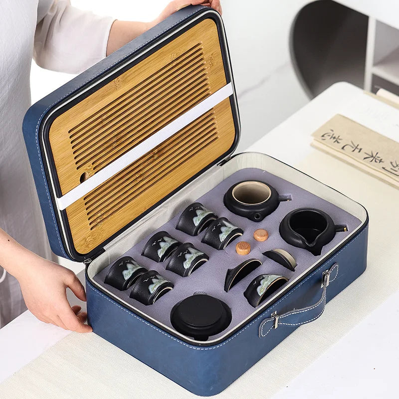 11PCS Japanese Travel Tea Set – Ceramic Teapot Cups with Bamboo Tray