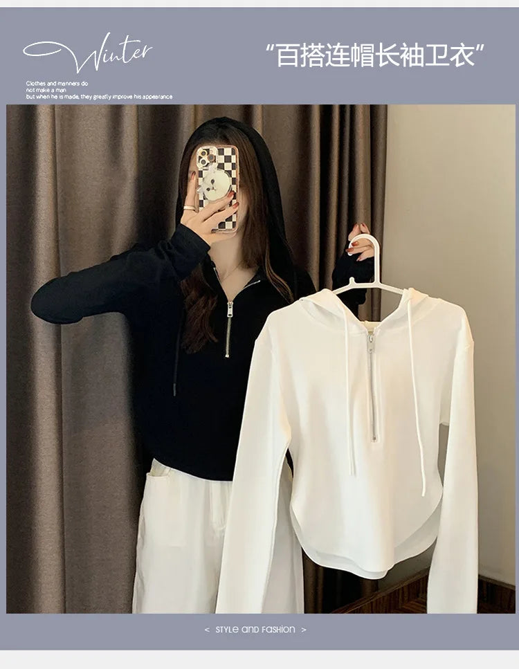 Sweatshirt Design Niche Spring Summer Short Zipper Top Slimming Thin Long-sleeved Hooded Fashion Women's Clothing