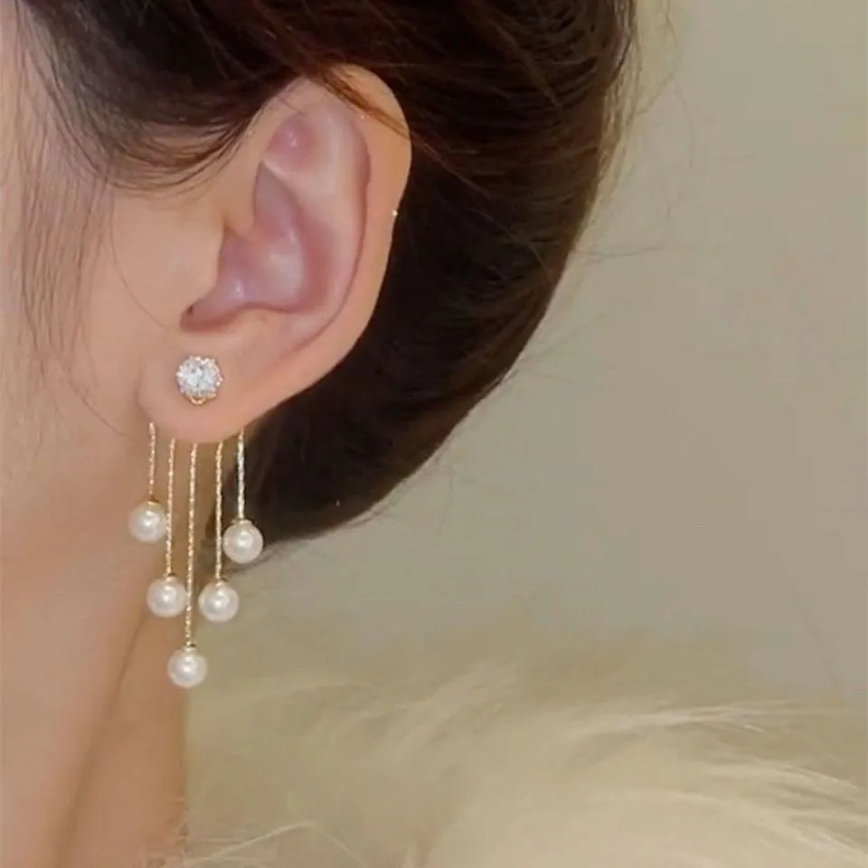 925 Silver Needle Pearl Tassel Drop Earrings for Women – Trendy Zircon Statement Jewellery