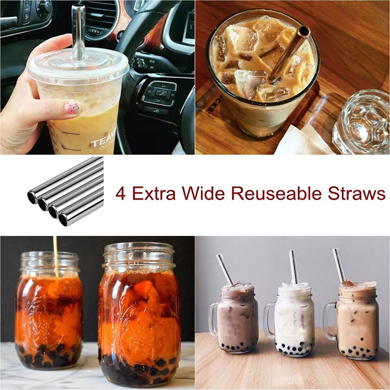 Reusable Boba Drinking Straws with Cleaning Brush 4Pcs Extra Wide Stainless Steel Metal Bubble Tea Straw for Smoothie MilkShakes