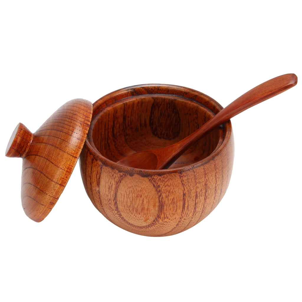 Wood Spice Jar Sugar Bowl Salt Pepper Seasoning Box with Spoon and Lid Home Kitchen Cooking Tool