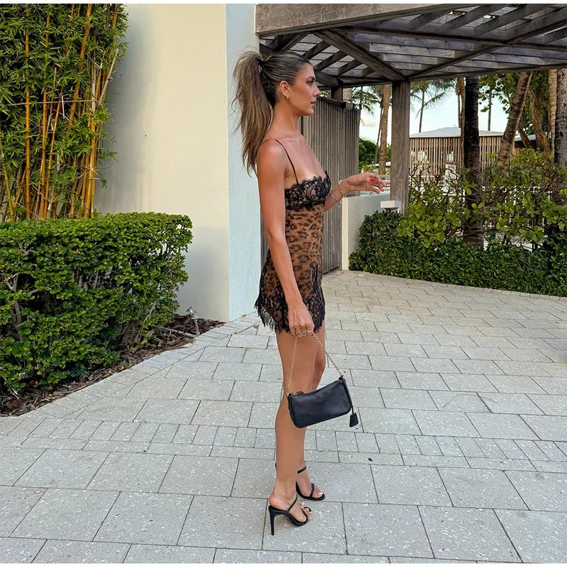 Leopard Print Lace Trimmed Mini Dress Women Spaghetti Strap Plunge Neck Slim Fit Robe 2025 New Summer Party Club Lady Vestidos