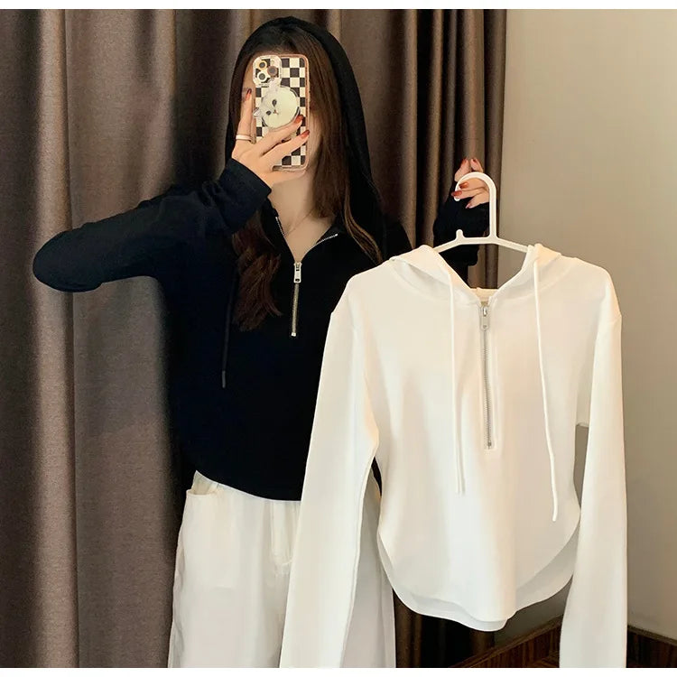 Sweatshirt Design Niche Spring Summer Short Zipper Top Slimming Thin Long-sleeved Hooded Fashion Women's Clothing