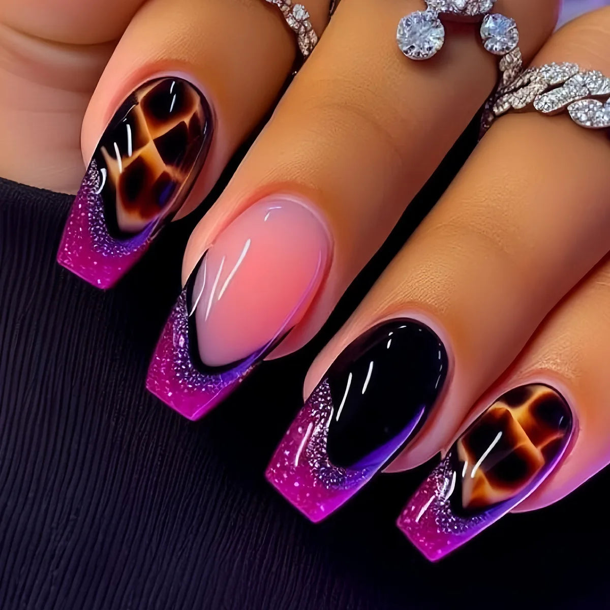 24pcs Medium Long Press-On Nails – Y2K Leopard Gradient Square Ballet Tips