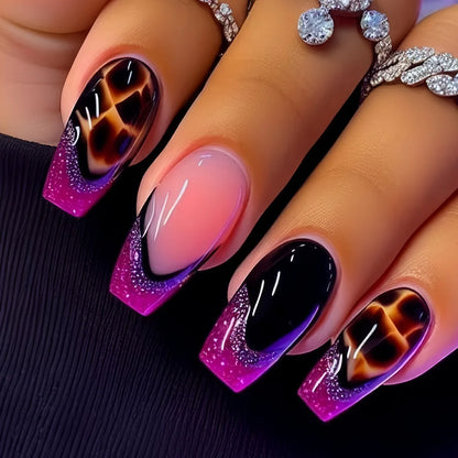 24pcs Medium Long Press-On Nails – Y2K Leopard Gradient Square Ballet Tips