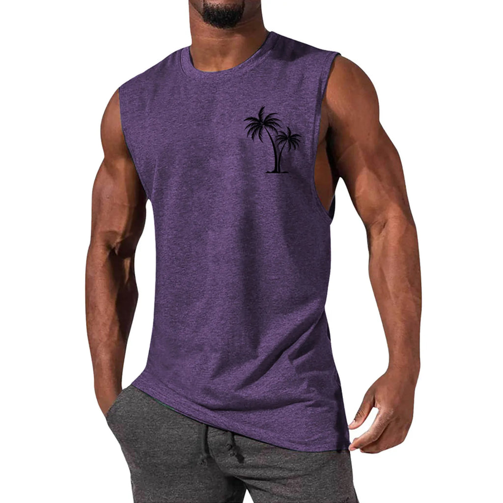 2025 Men'S Muscle Fitness Shirt Sports T-Shirt Gym Training Shirt Summer Casual Vest Tree Print Sleeveless Round Neck