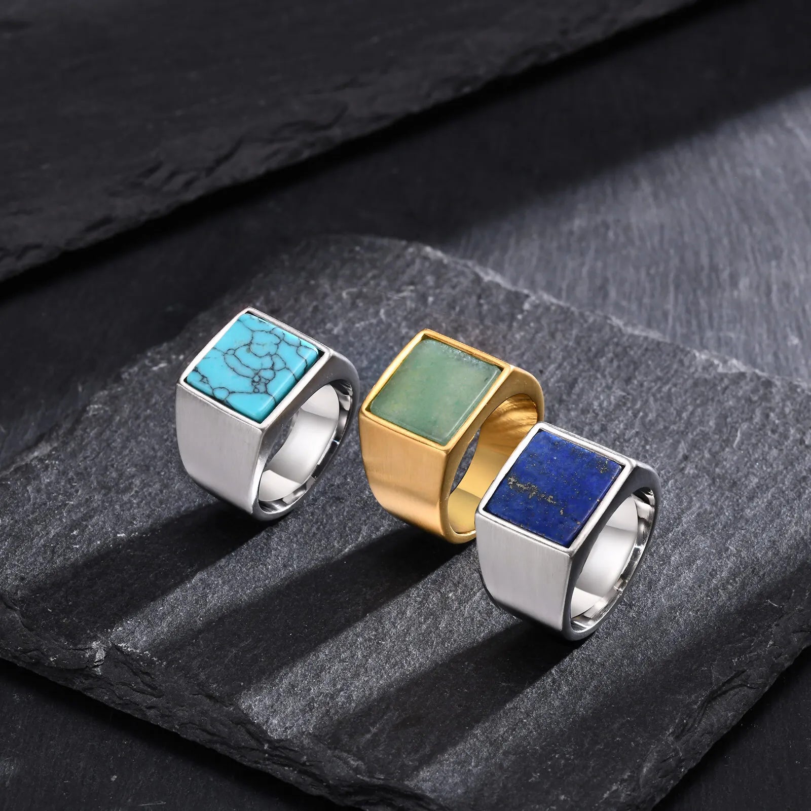 Natural Green Stone Square Ring for Men – Gold Colour Stainless Steel Punk Thumb Ring