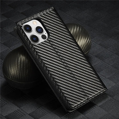 Carbon Fibre PU Leather Wallet Flip Case for iPhone with Card Slot & Magnetic Cover