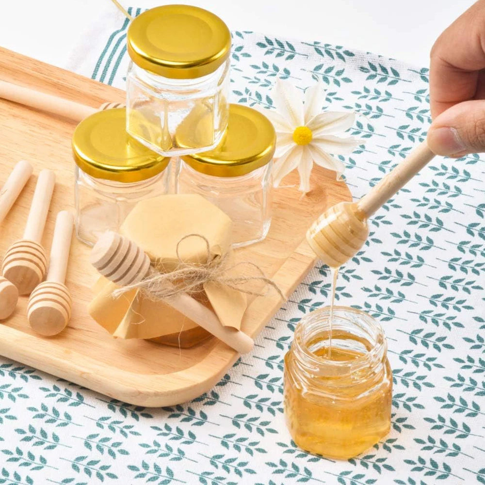 1.5 oz Hexagon Mini Glass Honey Jars Honey Jars with Wood Dipper, Gold Lid, Bee Pendants, Jutes - for Baby Shower, Wedding