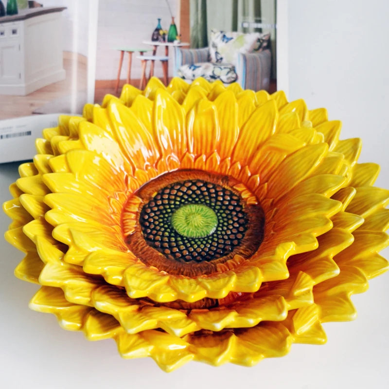 Sunflower Ceramic Bowl – Hand Painted Fruit Salad Dessert Plate