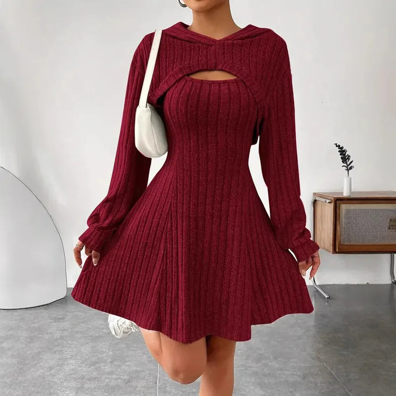 Women's Two-Piece Autumn Outfit – Long Sleeve Hooded Top & Sleeveless A-Line Dress