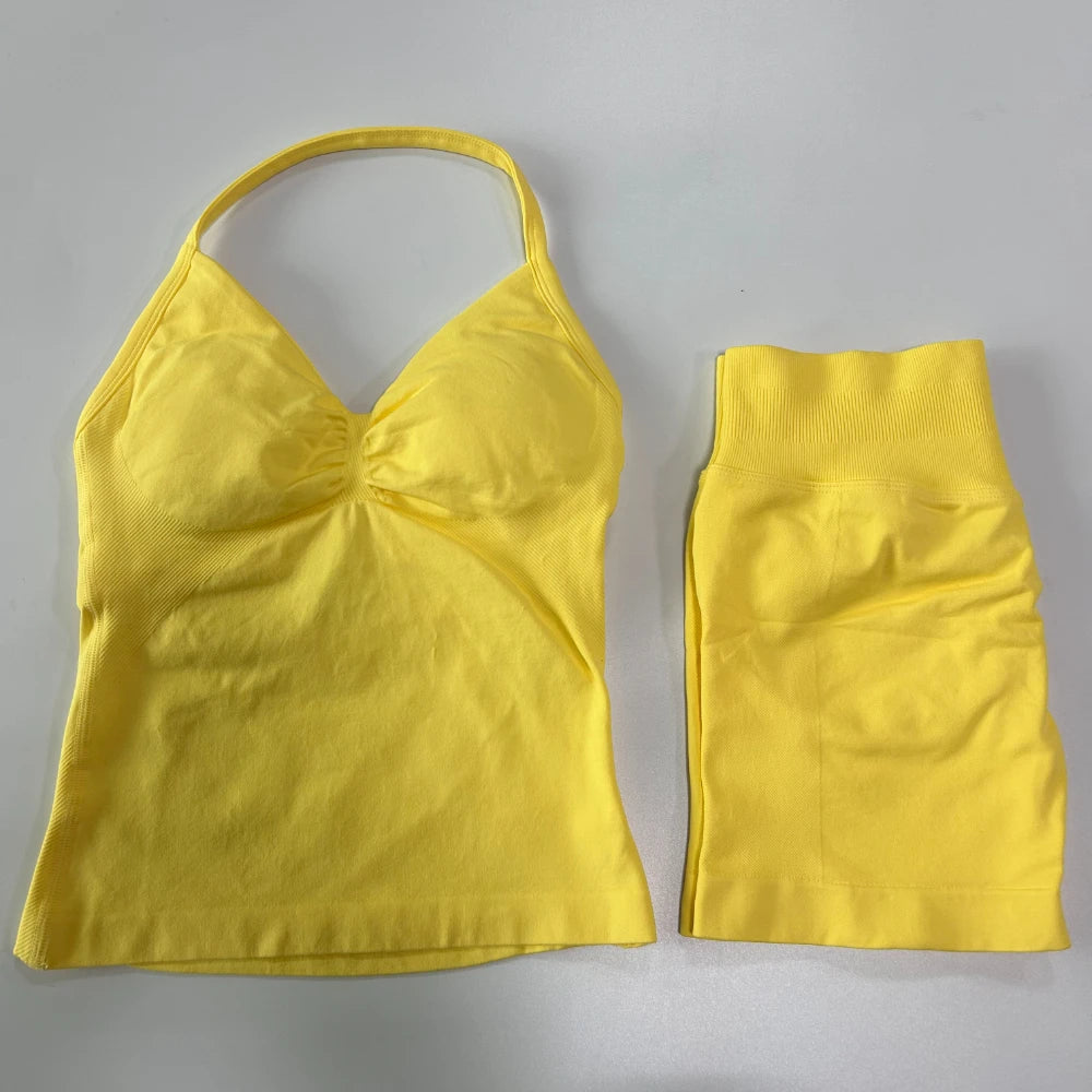 No Logo 2Pcs Gym Set Women Backless Tank Tops High Waist Scrunch Seamless Shorts Gym Suit Fitness Clothes Activewear Workout Set