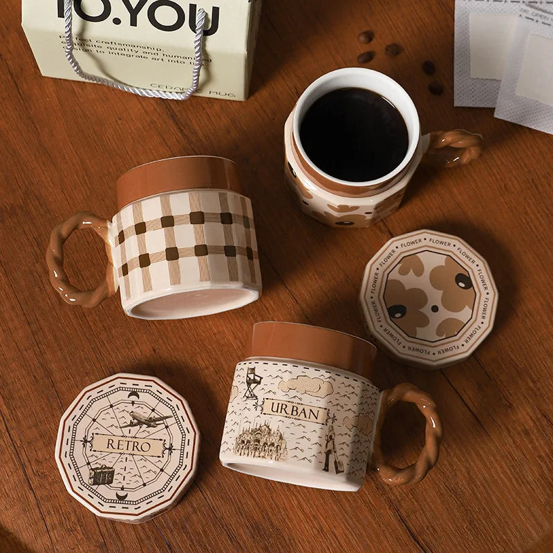 Retro Ceramic Coffee Mug with Lid – Vintage Style Luxury Drinking Cup