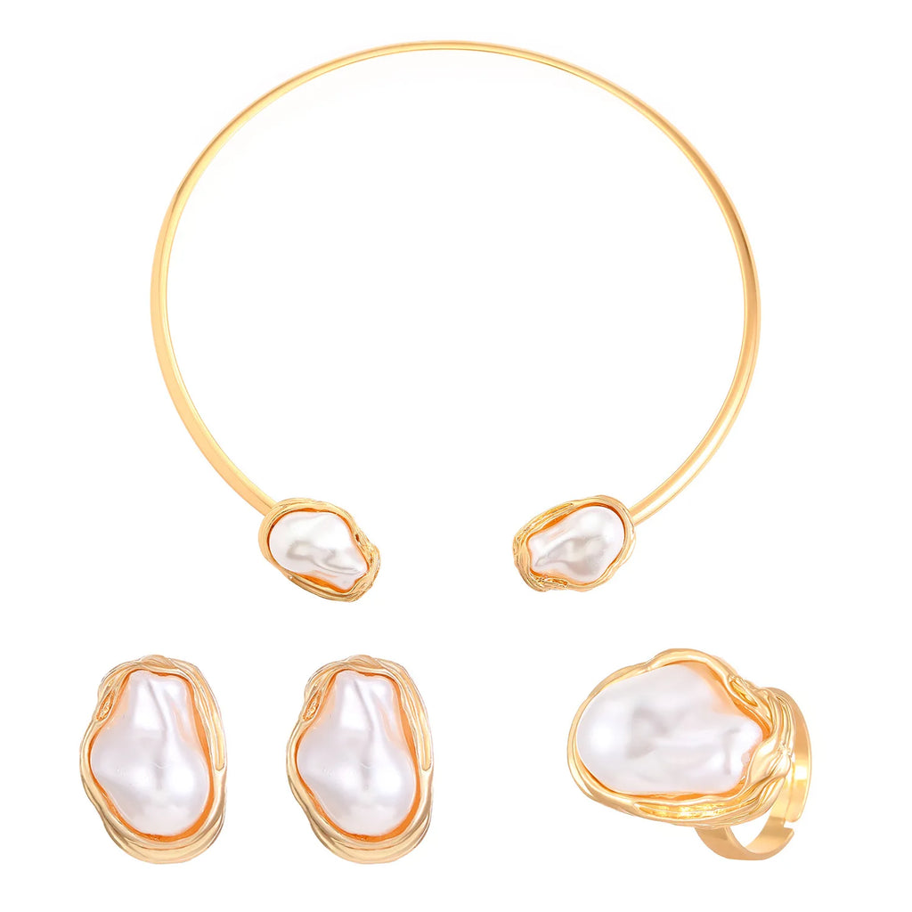 Trendy Baroque Pearl Necklace, Bracelet & Ring Set – Wedding & Party Jewellery for Women