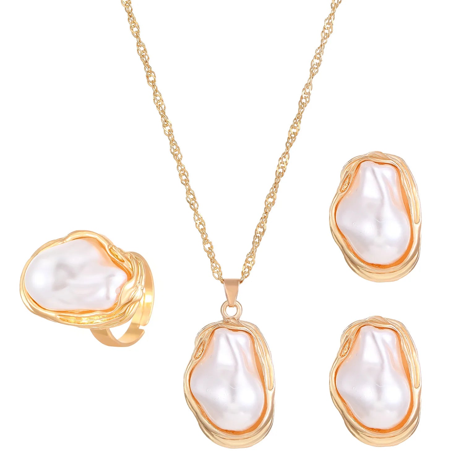Trendy Baroque Pearl Necklace, Bracelet & Ring Set – Wedding & Party Jewellery for Women