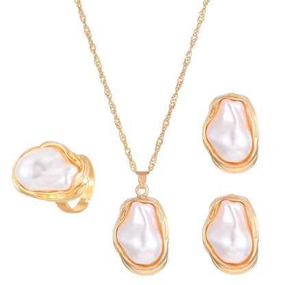 Trendy Baroque Pearl Necklace, Bracelet & Ring Set – Wedding & Party Jewellery for Women