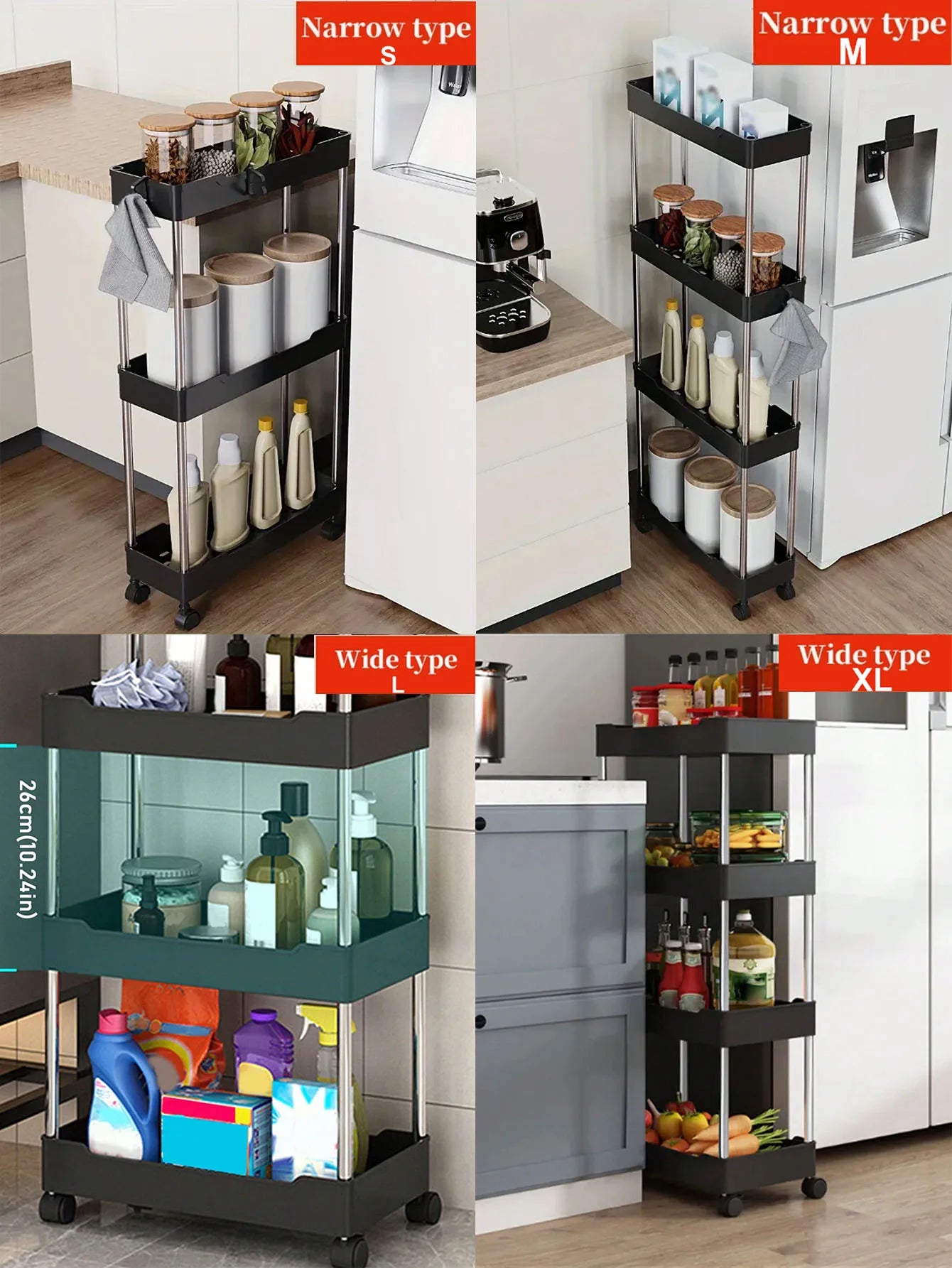 3/4 Tier Rolling Utility Cart Slim Storage Organizer Movable Gap Shelf for Kitchen Bathroom Living Room
