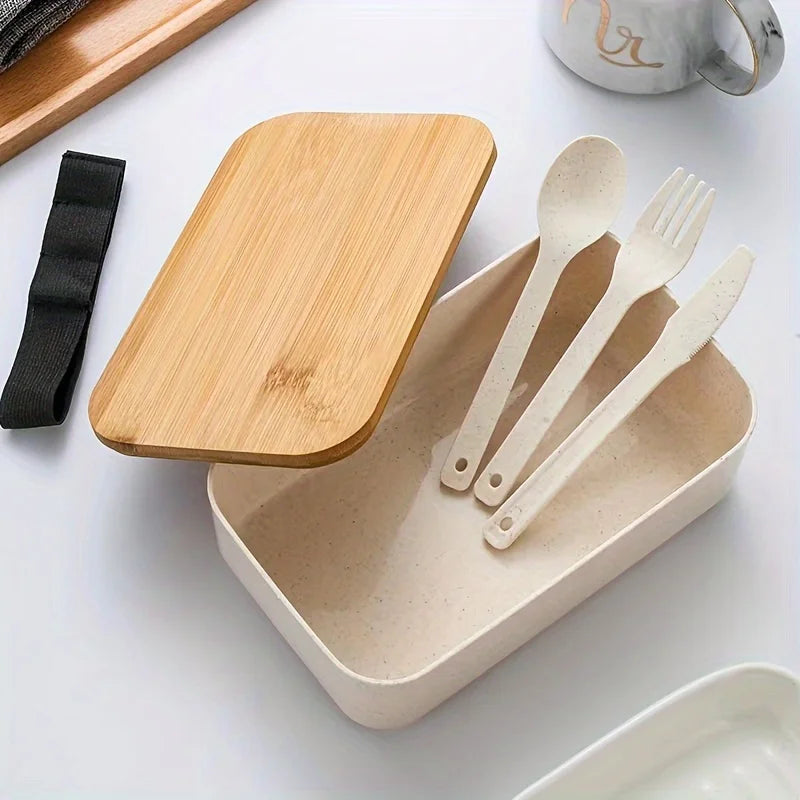 Bamboo Lid Lunch Box And A Set Of Knives, Forks And Spoons Sealed Lunch Box Salad Suitable For Work,School,Camping