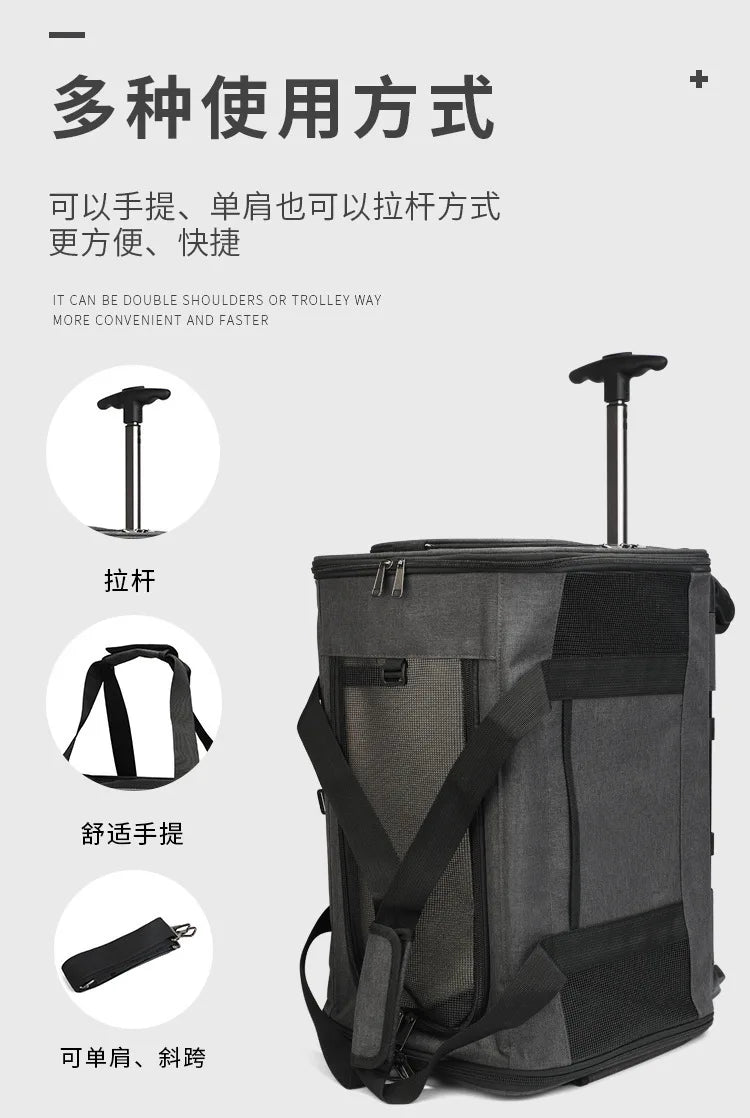 Silent Large Capacity Cat Bag Portable Foldable Pet Suitcase Universal Wheels Breathable Pet Travel Backpack