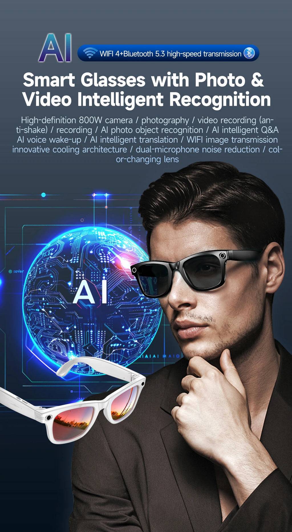 AI Smart Glasses with 8MP Camera Video Recording 100+ Languages Translation Blue LightSunglasses Bluetooth Call WIFI Men Women