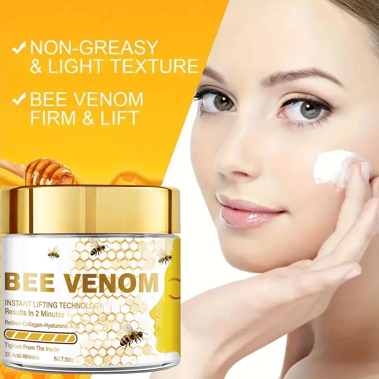 Bee venom instant lifting face cream, containing retinol and collagen, deeply penetrates, tightens and moisturizes