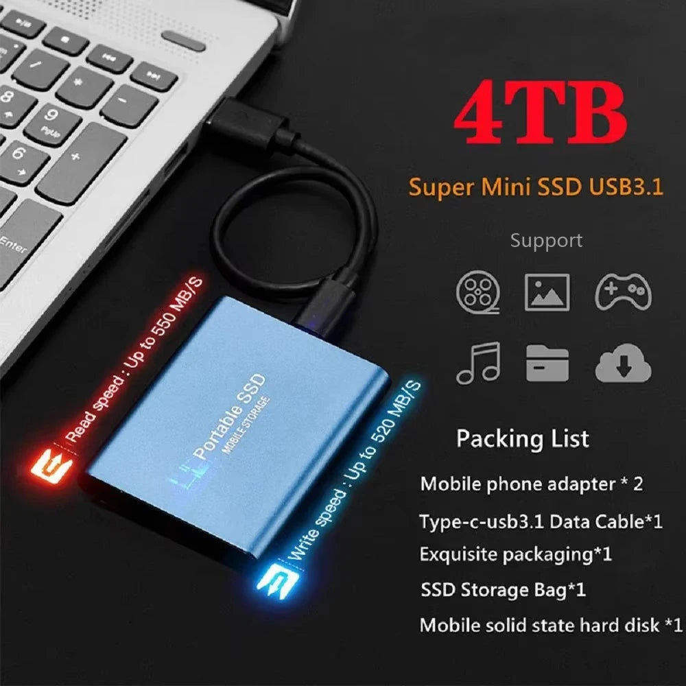 Portable SSD 1TB Original Hard Disk USB3.1 High Speed Hard Drive Type-C Solid Disk 2TB 4TB External ssd for Phone/Loptop/Mac/PC