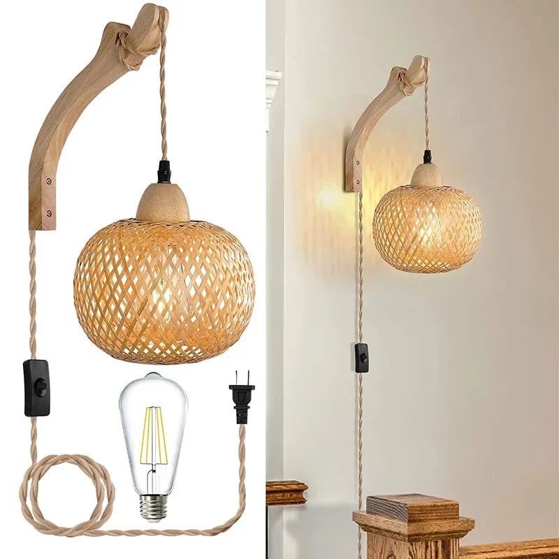 Bamboo Rattan Wall Lamp – Hand Woven Natural Lantern Light Fixture