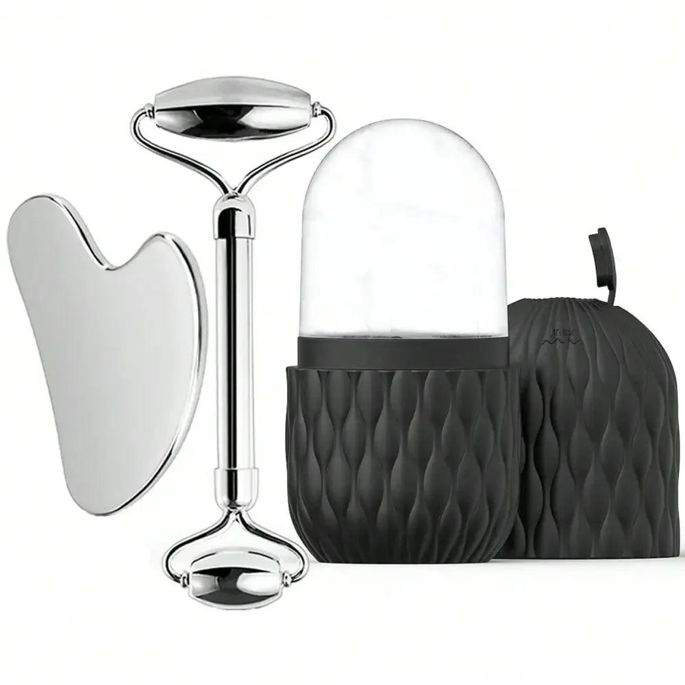Ice Face Roller & Gua Sha Set – Stainless Steel Facial Massager for Lifting & Contouring