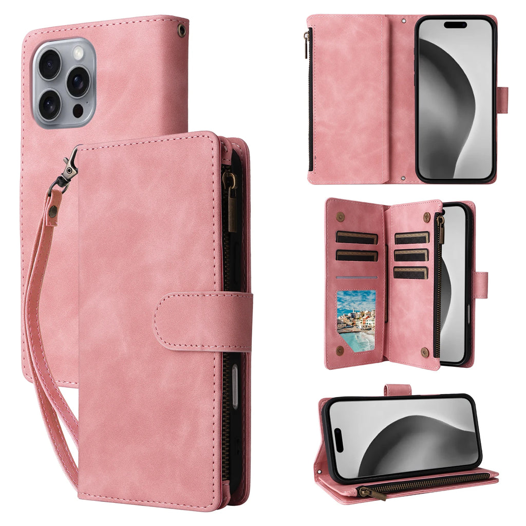 iPhone Leather Wallet Case – Magnetic Flip with Card Slots & Zipper