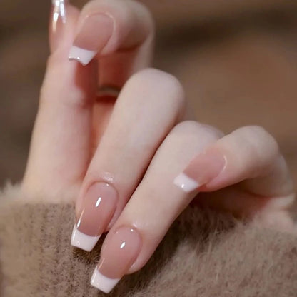 French Tip Press On Nails Set – Natural Nude Glossy Short False Nails for Easy Manicure (24 Pieces)