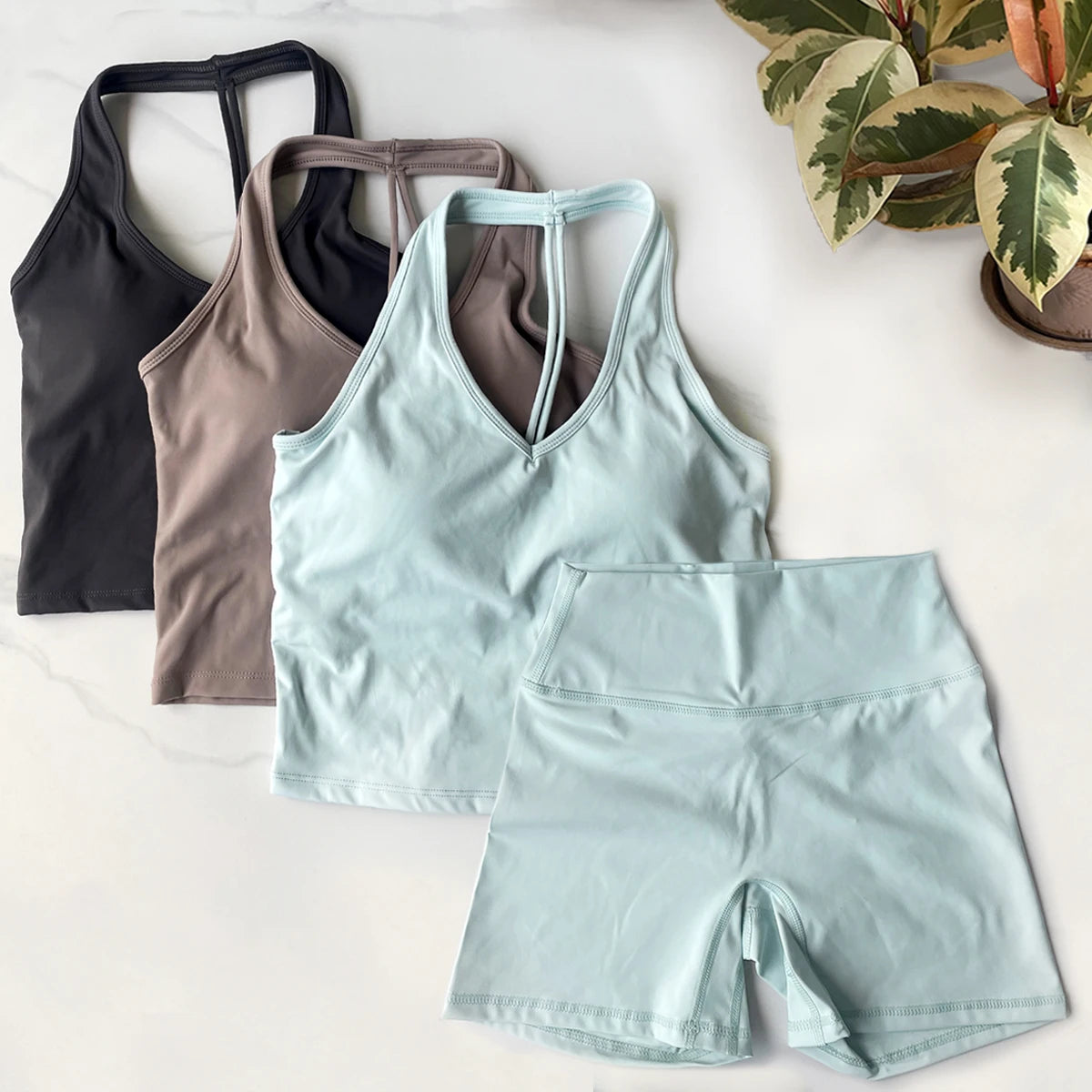 CSB backless halter neck vest & Scrunch Shorts   Gym Vest woman  Cropped Top Yoga Tank Top Self-Padded High Stretch Top