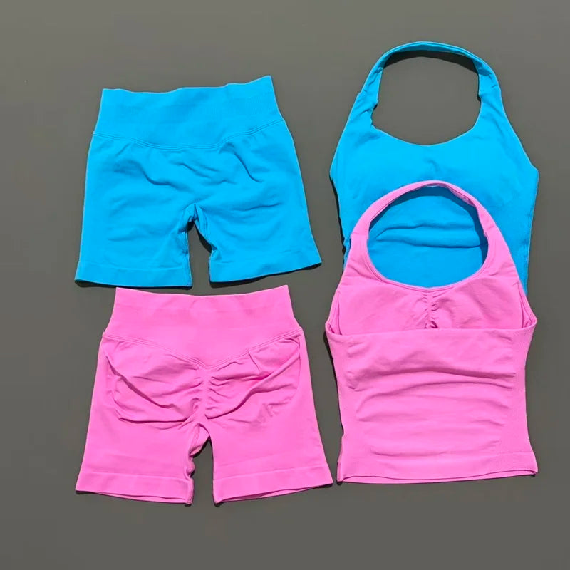 2 Pieces Impact Halter Top Strappy Bra Shorts Set Women Seamless Yoga Gym Leggings Set Running Fitness Sports Shorts Suit