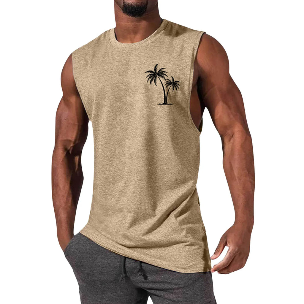 2025 Men'S Muscle Fitness Shirt Sports T-Shirt Gym Training Shirt Summer Casual Vest Tree Print Sleeveless Round Neck
