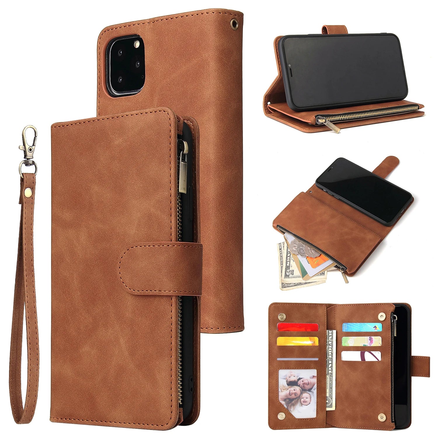 iPhone Leather Wallet Case – Magnetic Flip with Card Slots & Zipper