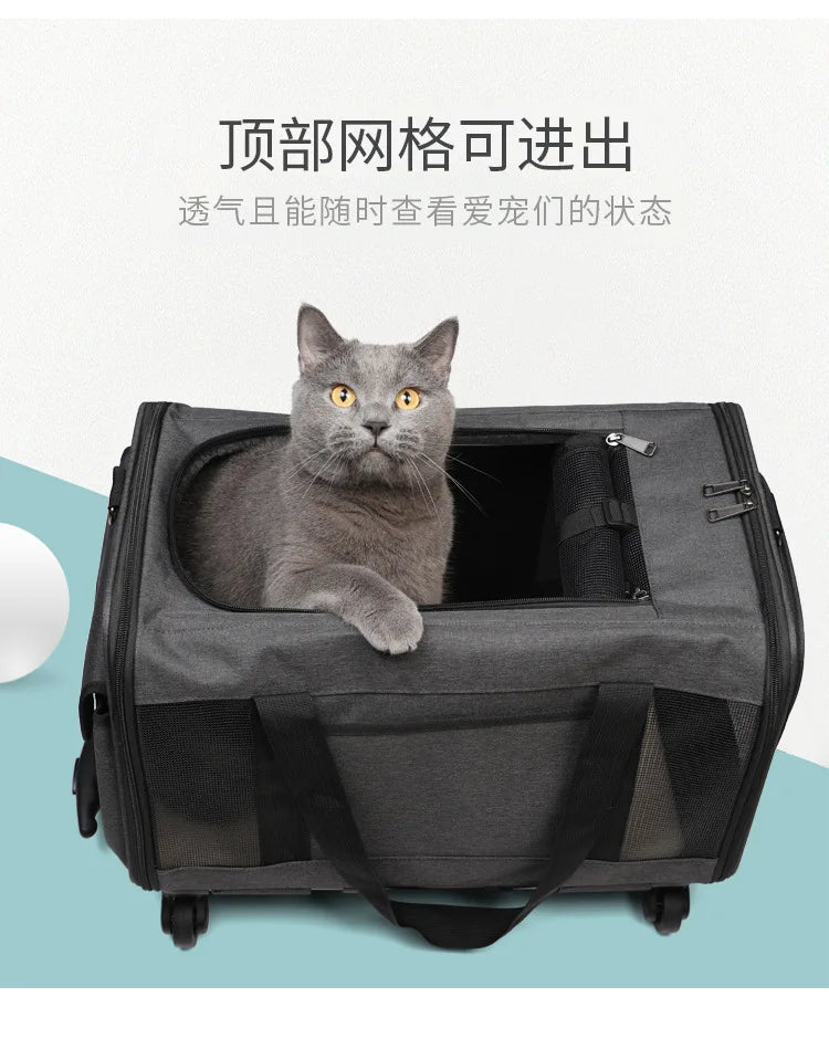 Silent Large Capacity Cat Bag Portable Foldable Pet Suitcase Universal Wheels Breathable Pet Travel Backpack