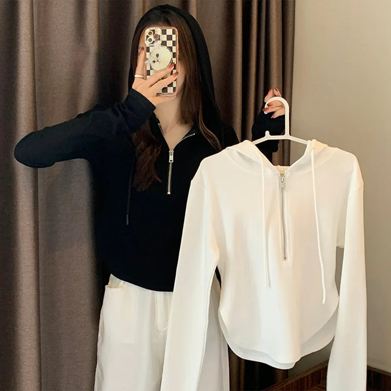Sweatshirt Design Niche Spring Summer Short Zipper Top Slimming Thin Long-sleeved Hooded Fashion Women's Clothing