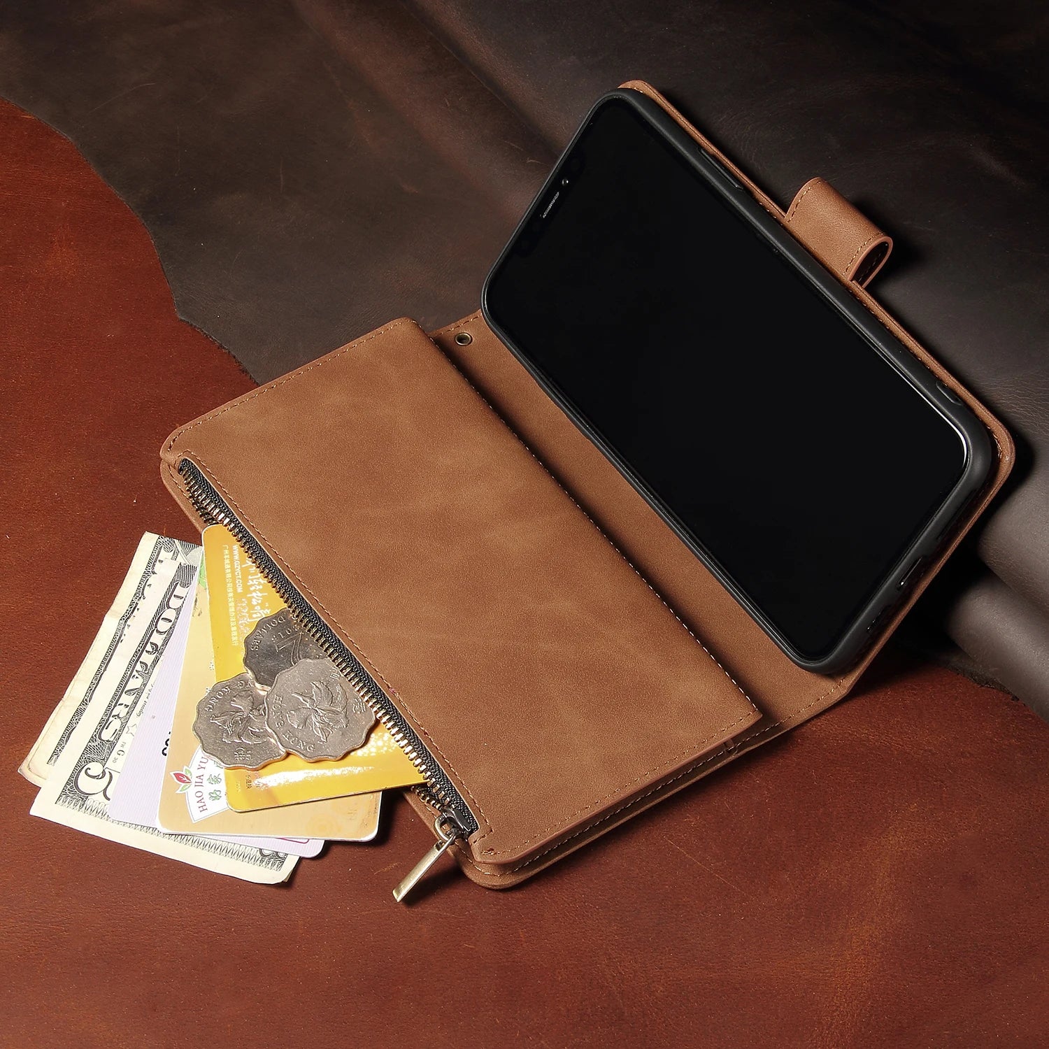 iPhone Leather Wallet Case – Magnetic Flip with Card Slots & Zipper