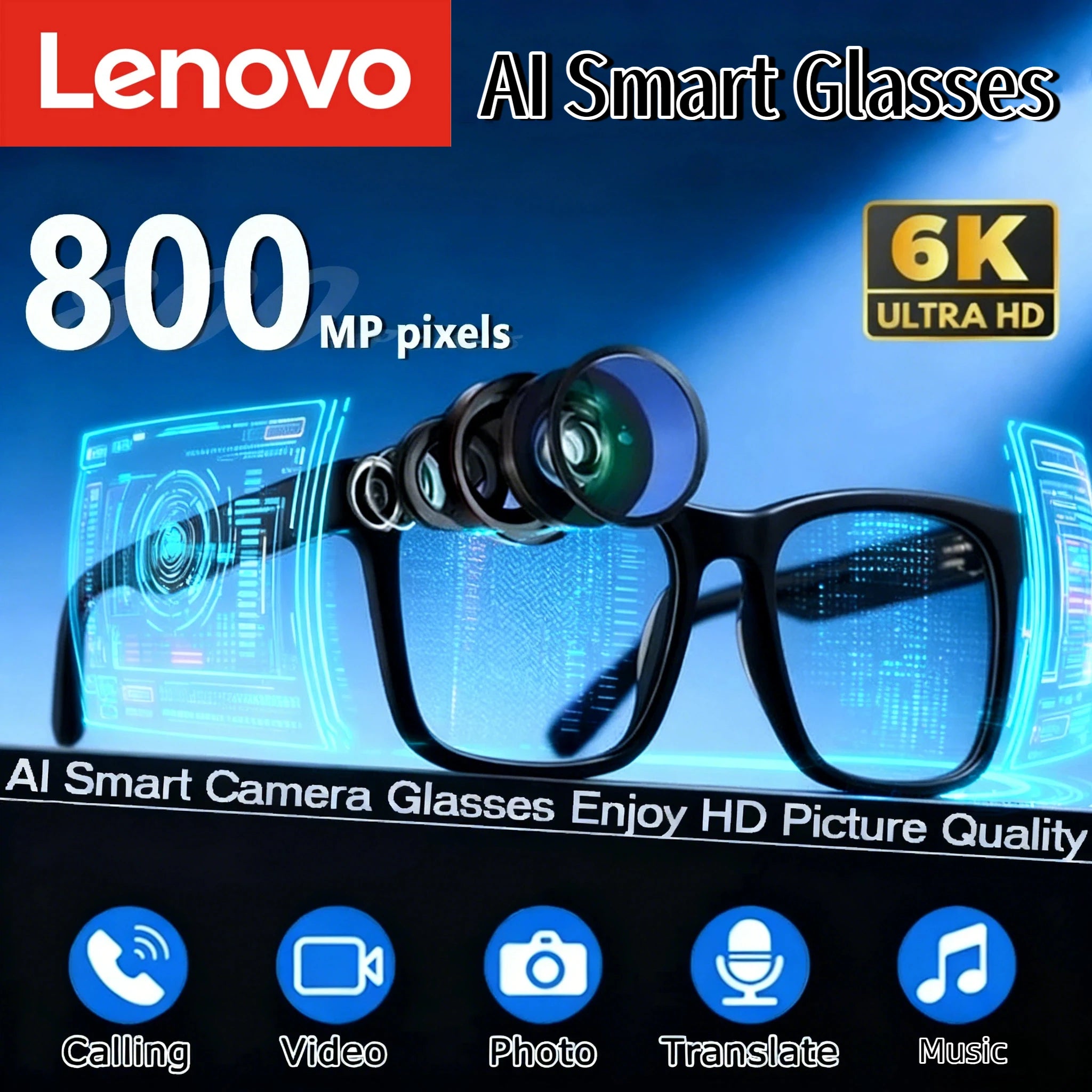 Lenovo 4K HD AI Smart Glasses Photochromic Multifunction Bluetooth Calling Voice Assistant Music Player Translate Camera Glasses