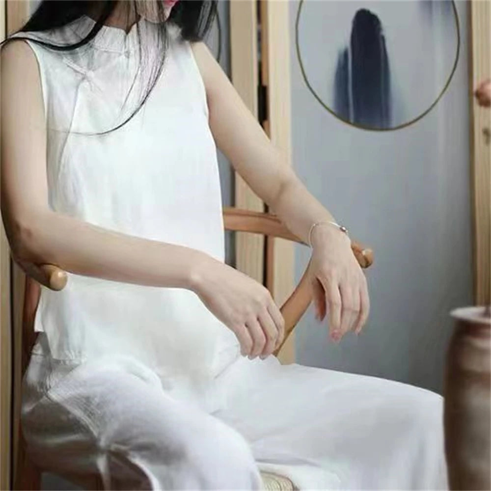 Women’s Sleeveless Hanfu Vest – Linen Cotton Tang-Style Cardigan