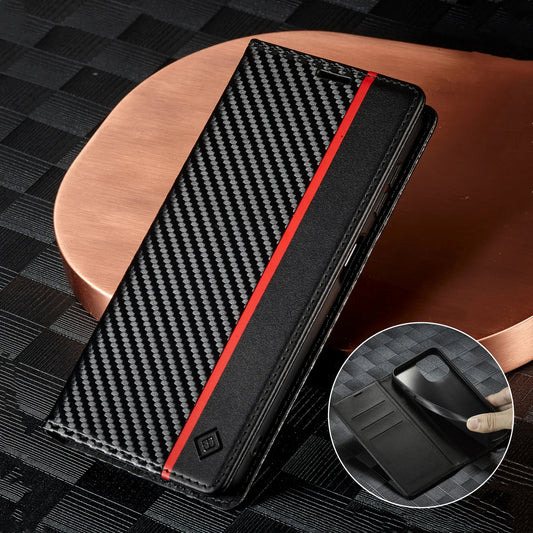 Carbon Fibre PU Leather Wallet Flip Case for iPhone with Card Slot & Magnetic Cover