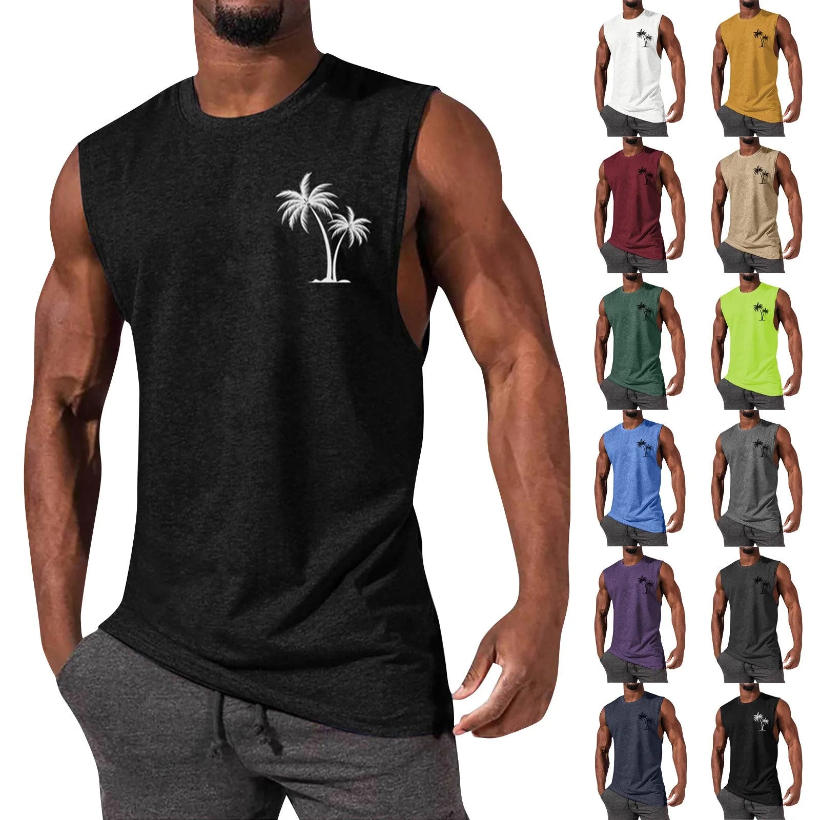 2025 Men'S Muscle Fitness Shirt Sports T-Shirt Gym Training Shirt Summer Casual Vest Tree Print Sleeveless Round Neck