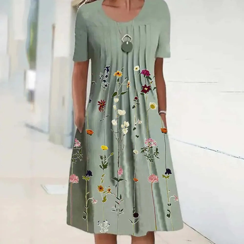 Summer Women’s Floral O-Neck Dress – Casual Knee-Length Short Sleeve A-Line Dress