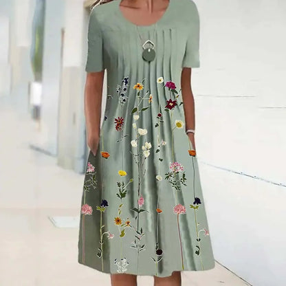 Summer Women’s Floral O-Neck Dress – Casual Knee-Length Short Sleeve A-Line Dress