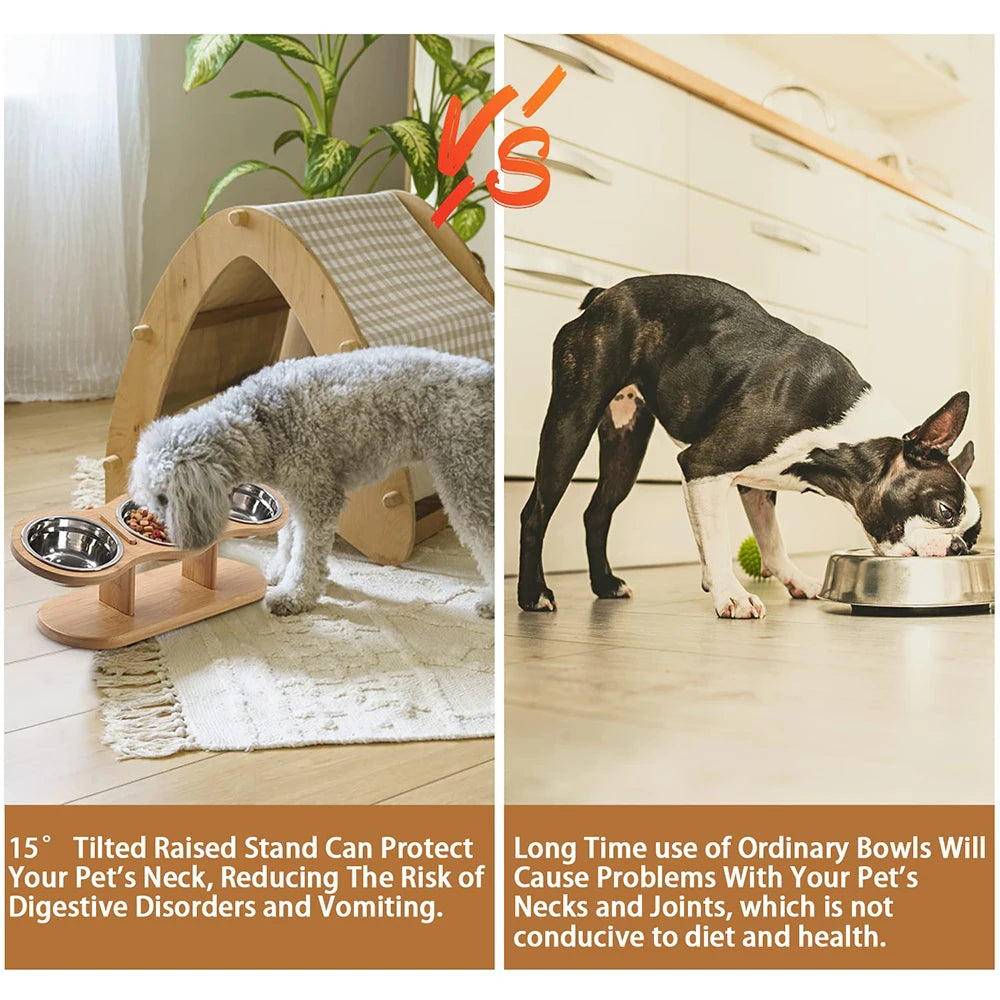 Raised Cat Feeder 3 in 1 – Stainless Steel Bowls with Wood Stand