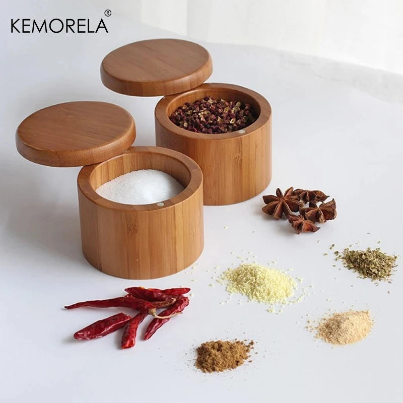 Bamboo Wooden Salt Box with Magnetic Lid – Kitchen Spice Storage Container
