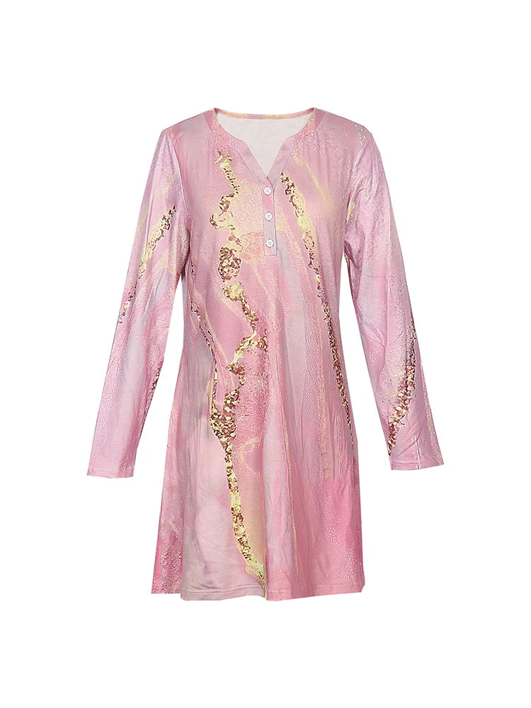Elegant Pink V-Neck Buttoned A-Line Dress for Women – Summer Office & Outdoor Wear