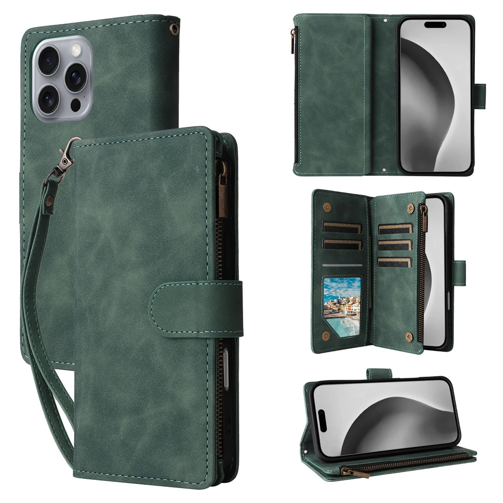 iPhone Leather Wallet Case – Magnetic Flip with Card Slots & Zipper
