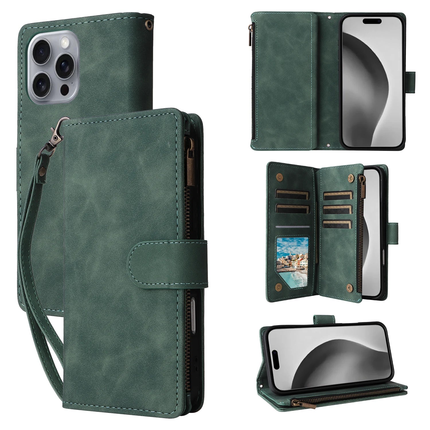iPhone Leather Wallet Case – Magnetic Flip with Card Slots & Zipper
