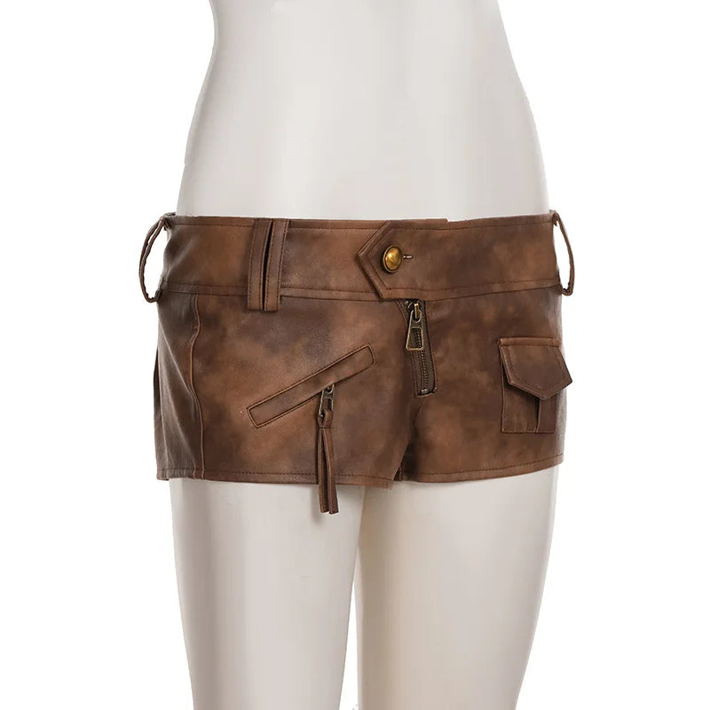 Street Style Spice Girls Fashion New Sexy Brown Pu Leather Super Shorts Women Low Waist Tight Hip Wrap Hot Pants
